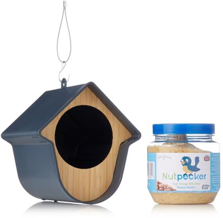 Grumpy Gardener Hanging Bird Feeder for Wild Birds with Peanut Butter Jar (330g) – Outdoor Garden Feeding Station, Modern House Design as Peanut Butter Bird Food Holder for Treese & Poles - Grey