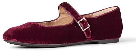 Amazon Essentials Women's Mary Jane Ballet Flats, Burgundy Velvet, 4.5 UK