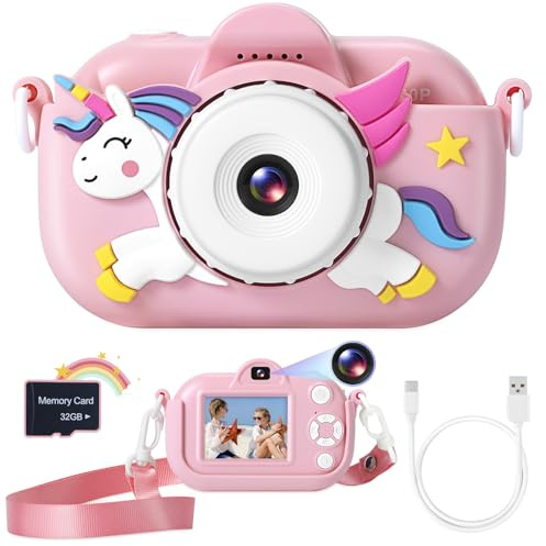 ZUODUN Kids Camera Toys for Girls Age 3-8, Kids Digital Camera Toddler Camera for 3 4 5 6 7 8 Years Old Birthday Gifts, 1080P Video with Cute Protective Cover & 32GB SD Card