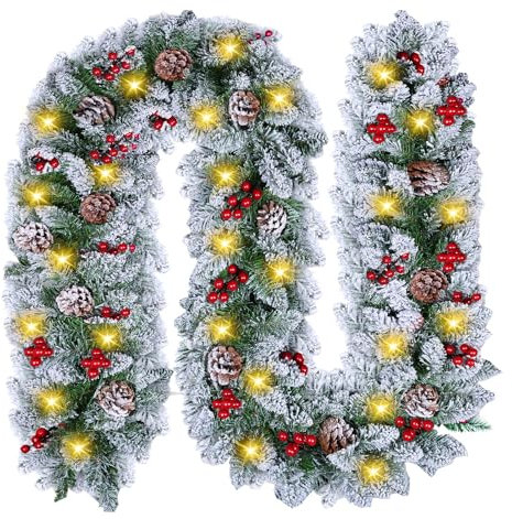 Weihnachtsgirlande mit Beleuchtung 30 LED - 2,7M Tannengirlande mit Beleuchtung Blumen Kugeln - Weihnachtsdeko Rattan Girlande Weihnachten für Treppe Indoor Außen Christmas