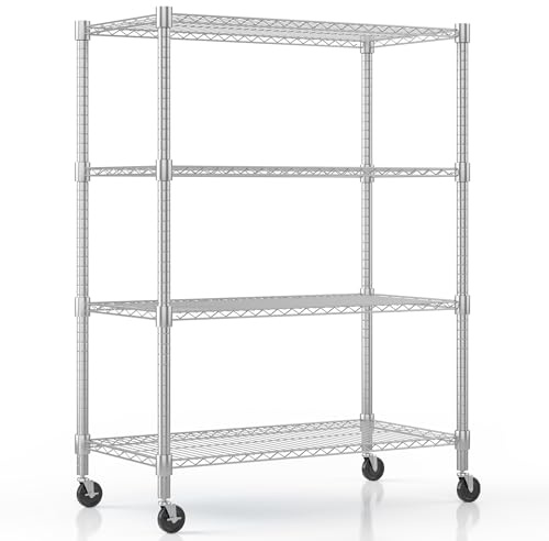 Himimi 4-stufiges Drahtregal auf Rädern, höhenverstellbar, stehende Regale mit Nivellierfüßen, Metall-Lagerregal für Küche, Badezimmer, Schlafzimmer, Wohnzimmer, 500 kg Kapazität, 90*45*183 cm, Silber