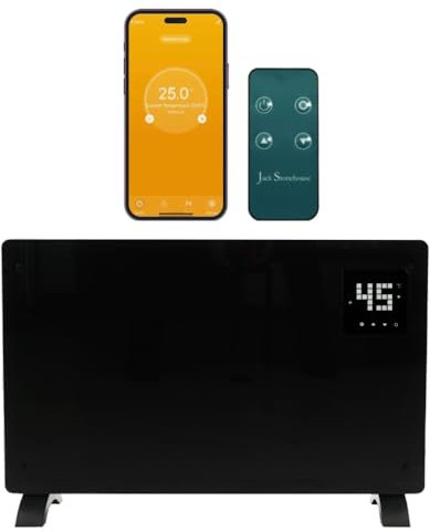 JSH WiFi Enabled Electric Glass Panel Heater 2000W | Smart App or Remote Control | Open Window Detection | Wall Mounted & Free Standing Low Energy Efficient Home Heating with 24H 7 Day Timer Black