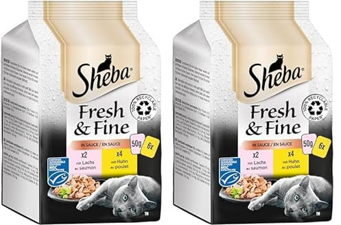 Sheba Fresh & Fine in Sauce - Hochwertiges Katzen Nassfutter - Huhn und Lachs (MSC) - Für die tägliche Abwechslung im extra kleinen Portionsbeutel - 36 x 50g (Packung mit 2)