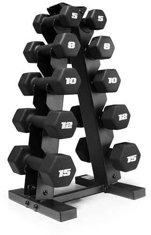 CAP Barbell 100 lb Neoprene Hex Dumbbell Weight Set with Vertical A-Frame Rack - Black