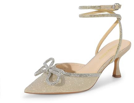 DREAM PAIRS Kitten Heels Rhinestone Bow Ankle Strap Stiletto Pointed Closed Toe Heels for Women Pumps Wedding Bridal Party Dress Shoes,Size 7.5,Gold,DWUMPU2541