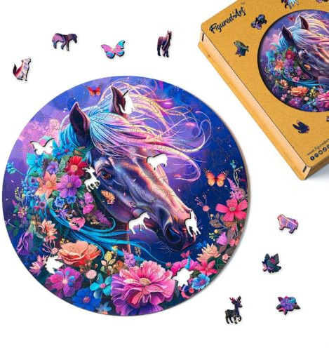 Figured'Art Puzzle in Legno di Animali per Adulti e Bambini, 200 Pezzi - Cavallo Fiabesco - Design Originale 28,3x28,5 cm Forme Uniche, Confezione Premium in Legno, Idea regalo