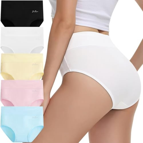 IceReco Bragas Mujer Algodon Talle Alto Braguitas Postparto Cintura Alta Cómodo Pack de 5 Culotte Ropa Bragas Reductoras Braguitas de Control para Mujer Algodón Negro Blanco Amarillo Azul Rosa L
