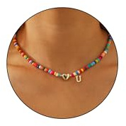 Miss Chipmunk Bunte Perlenkette für Frauen Mädchen Alphabet Choker Bohemian Halskette Gold plattiert Anhänger mit herzförmigen Metall Y2K Boho Sommer Halskette Schmuck Geschenk(U)