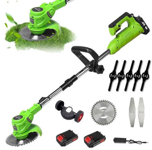 DéBroussailleuse à Batterie Electrique 21V, Coupe Bordure sans Fil avec 2x2000mah Batterie, 8 Lames, Télescopique, Roulette auxiliaire, Debrouissalleuses Batterie pour Jardin,Pelouse,Ferme (2x2000mah)