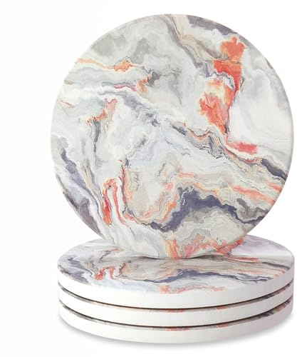 Coasters Set of 4,Drink Coasters with Holder and Anti-slip Cork Bottom for Mugs Cups and Glasses,Orange Ceramic Coasters