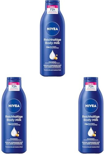 NIVEA Reichhaltige Body Milk, intensiv pflegende Körpercreme mit purem Hyaluron, Mandelöl und Tiefenpflege Serum, Lotion für trockene Haut (250 ml) (Packung mit 3)