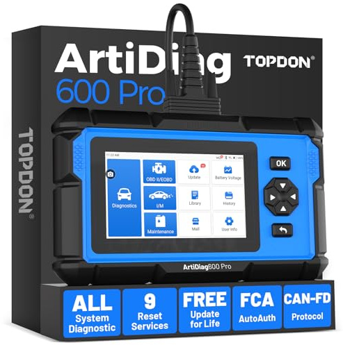 TOPDON ArtiDiag600 Pro, OBD2 Scanner Diagnostic Tool for All Systems, Code Reader Scan Tool with 9 Maintenance Services, Car Scanner with FCA AutoAuth, CAN-FD, Lifetime Free Updates