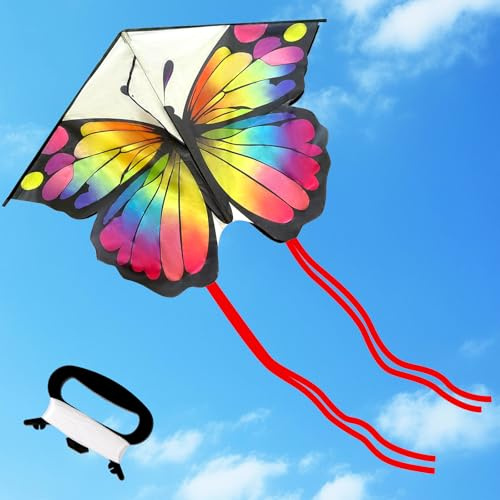 Cerf-volant papillon avec longues queues - Facile à voler - 100 cm × 73 cm - En nylon - Avec 100 m de ficelle - Pour débutants, plage, parc, plein air