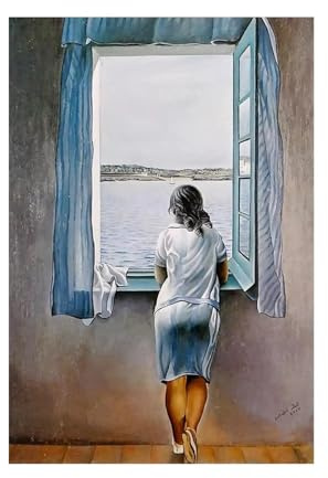 IEUUUB Ragazza alla finestra, dipinto su tela, poster, Salvador Dali, arte murale, donna, mare blu, immagine per soggiorno, arredamento per la casa, 40x70 cm (16x28 pollici) con cornice