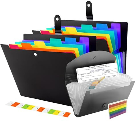 AiTodos® 2 A4 Expanderande Mappar (7 Fack) + Kvittoförvaring | Vattentät PP, 2 A4 Mappar (7 Fack) + 1 Kvittomapp (13 Fack), Etiketter, För Hem Kontor Skola Räkningar Skatt