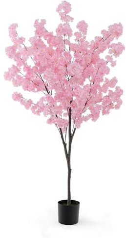 RELAX4LIFE Cerisier Artificiel 190cm, Arbre Artificiel avec Fleurs Roses, Plante Artificielle Haute, Branches Réglables, Pot Rempli de Ciment pour Intérieur et Extérieur, Mariage, Maison (1)