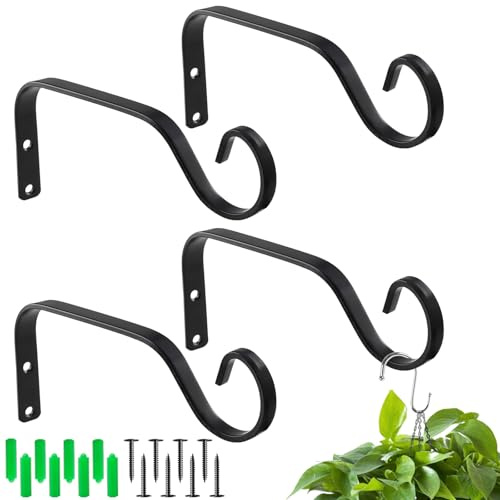 AMFUN 4 Pièces Supports de Panier à Suspendre Metal, Crochets Muraux Décoratifs D'extérieur, Métal Mur Crochet Swag pour Jardinières, Distributeur de Nourriture D'oiseaux, Lanternes(Noir-18.5cm)