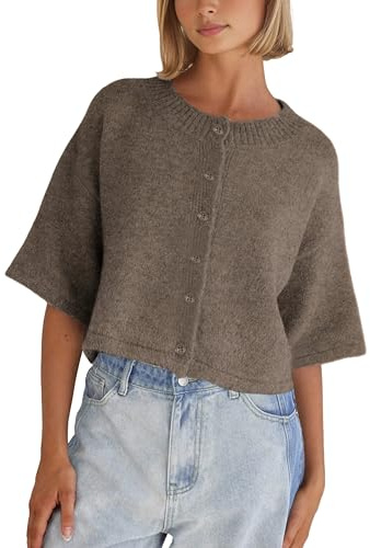 Springrain Cardigan Sweaters for Women Lightweight Knit Cropped Cardigan Button Up Solid Knitwear(Coffee-S)