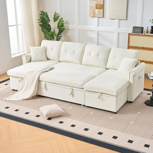 Bladez Sofá de esquina en forma de U con función de cama y cajón de almacenamiento | Gran sofá cama de 4 plazas con espacio de almacenamiento | Tapizado en terciopelo | 266 cm de ancho | Asiento extra