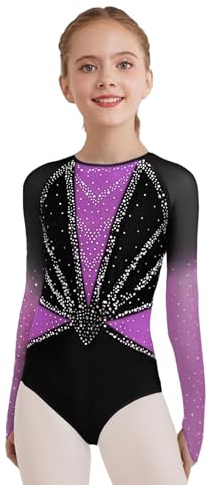 Jugaoge Enfant Fille Justaucorps Gymnastique Strass Leotard Body Gym Manches Longues Tenue Patinage Artistique Danse