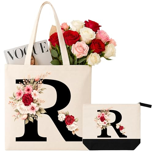 Gesar Borsa Tote Tela con Iniziale e Pochette abbinata, Borsa Shopper con Lettere, Tote Bag Donna Personalizzata con Nome, Regalo per Donna, Amica, Mamma, Regali di Compleanno, Festa della mamma (R)