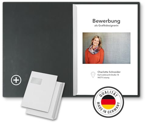 3 Stück 2-teilige Bewerbungsmappen Schwarz mit 1 Klemmschiene in feinster Lederstruktur - inkl. 3 Versandumschläge im C4-Format mit Fenster