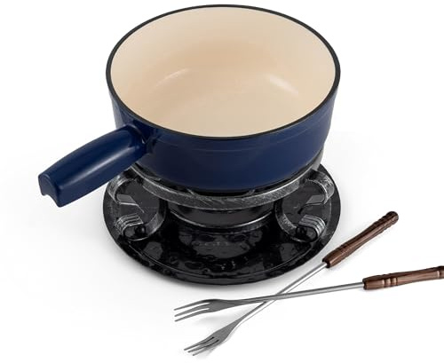 Swissmar Lugano Cast Iron Cheese Fondue Set, 9-Piece, 2 QT / 2 L - Ideal for Melting Cheese, Chocolates, Caramel, & More - Perfect for Kitchen Collection & Gift Giving - Deep Blue