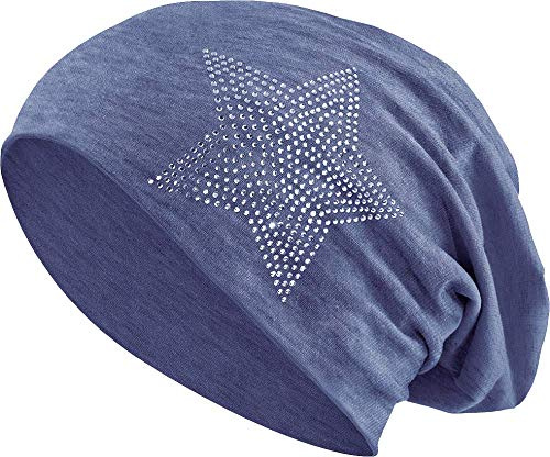 Jersey Cotone Elastico Lungo Slouch Beanie Unisex Uomini Signore con Strass Pietre Cappello Heather in 35 Colori Diversi (2) (Heather Grigio-Blu)