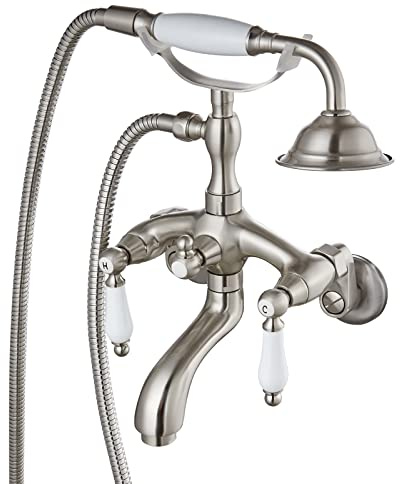 gotonovo Brushed Nickel Clawfoot Tub Faucet Wall Mount with Hand Held Shower Sprayer Bathtub Faucet Set Double Level Handle 6 Inch Center with Adapter Adjustable Swing Arms