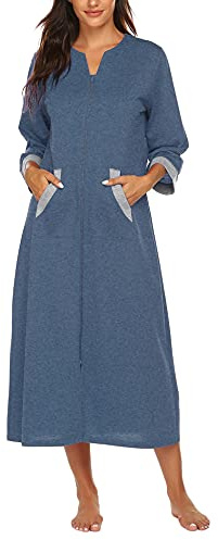 Ekouaer Women Zipper Robe 3/4 Sleeves Loungewear Dress Full Length Sleepwear Pockets Housecoat Nightgown Long Bathrobe