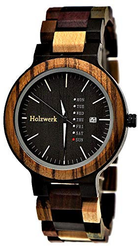 Holzwerk Germany Handgefertigte Matrix Herren-Uhr Öko Natur Holz-Uhr Holz Armband-Uhr Braun Schwarz Zebra Muster Analog Quarz-Uhr Datum und Wochentag Anzeige (Herren-Schwarz-Zifferblatt)