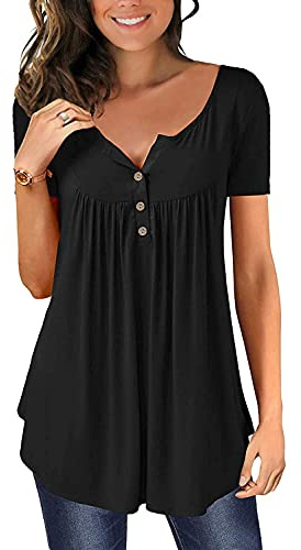 Noir T Shirt Femme Chic et Élégant Été Coton Vetement 2026 Hauts Décontractés à Manches Courtes D'été Henley Top Chemisier