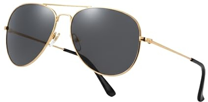 Komonee Pilot Style Designer Sunglasses - Gold Frame Black Lens Classic Retro Shades, Unisex Men & Women UV400 Protection Glasses, Great for Cycling Golf Fishing Sports & Holidays