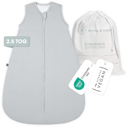 emma & noah Baby Schlafsack 2.5 TOG, Strampelsack für den Herbst und Winter in vielen Farben, Bio-Baumwolle, OEKO-TEX Zertifiziert, Schlafsack für Neugeborene (Essential Grau, 80 cm)
