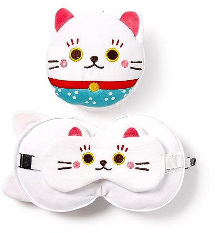 Relaxeazzz 2-i-1 plyschresekudde med Maneki Neko ögonmask - lyckokatt, Multi, 1 unité (Lot de 1)
