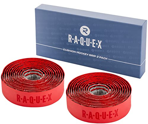 Raquex Cojín PU Hockey Stick Grip Paquete de 2: Super Grippy, Suave y Absorbente. Parte Trasera autoadhesiva. Longitud Extra Larga. Caja de Regalo de cartón reciclable (2 x Rojo)