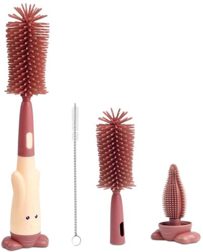 Vicloon Baby Flaschenbürste Set, 3 in 1 Silikon Babyflaschenbürste für Babyflaschenbürste und Sauger, BPA-frei, mit Soft Brush Saugerbürste Strohhalmreiniger(Rot)