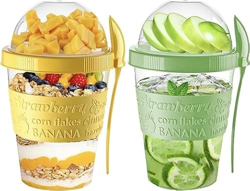 VL yoghurt grytor sked återanvändbar 600 ml över natten havre müslikopp med lock BPA-fri frukost flingor att gå diskmaskinssäker mellanmål lunch havregrynsburkar resa måltid matbehållare 59 ml (gul,