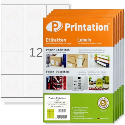 Printation 70 x 67,7 mm Etiketten selbstklebend bedruckbar - 6000 Klebeetiketten Marmeladen-Etiketten weiß auf 500 DIN A4 Bogen 3x4 70x67,7 BigPack - 12 pro Blatt - Universal Adressetiketten 4279 3661