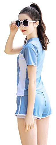Maillots de Bain pour Filles, Ensemble de Deux pièces Piscine Rashguard Maillots de Bain pour Enfants Shorts de Plage Maillots de Bain à séchage Rapide(11252Bleu Ciel,14-16)