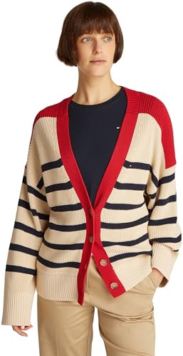 Tommy Hilfiger Donna Giacca in Maglia Cardigan con Chiusura a Bottoni, Multicolore (Dark Night Navy Stripe), M-L