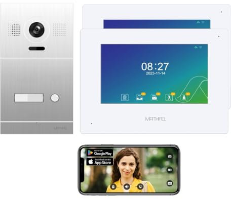 MATHFEL 4 Draht Bus IP Video Türsprechanlage 170 Grad Kamera, Außenstation in Aluminium, Full HD Auflösung (2x Monitore mit WLAN)