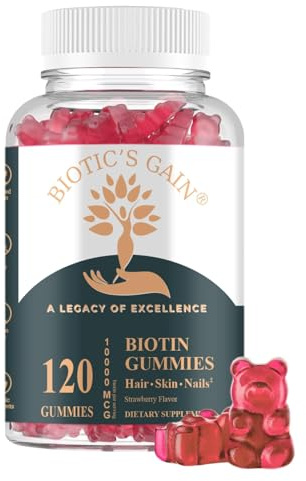 Biotic's Gain Biotin Gummies 10000 mcg – Hair Skin & Nails Vitamins with Vitamins A C D E B6 B12 & Zinc, Vegan Sugar Free Hair Vitamins for Women & Men, 120 Gummies
