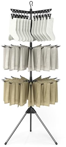 GOPLUS Séchoir Linge à Vêtements Chaussettes 3 Niveaux, Etendoir Linge Pliant avec 32 Tringles pour 24 Pinces, Bras Rotatifs 360° & Support de Pinces Amovible, Trépied pour Buanderie et Balcon