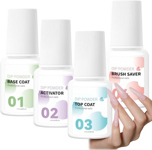 Dip Powder Liquid Set with Base Coat, Activator, Top Coat and Brush Saver Kit - No UV Needed for Quick Dry, High-Shine Finish Lasts 2-3 Weeks - Dipping Powder Liquid for Home DIY & Salon Art (7ml x 4)
