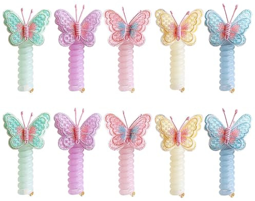 10 Pezzi Ricamati Farfalla Telefonici Scrunchies, Capelli Filo Telefonico per Bambini, Farfalle Colorate Elastici Spirale Capelli, Fasce Capelli Filo Telefono Intrecciato Fiocco
