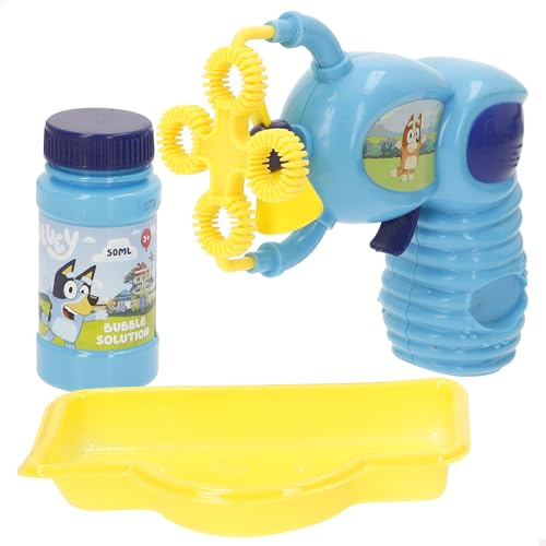 ColorBaby Bluey Pistola de pompas de jabón eléctrica, Bote 50 ml, Bandeja para jabón, Diseño Colorido, Bongo y Bluey Juegos Exterior, Actividades para niños +3 años (39149)