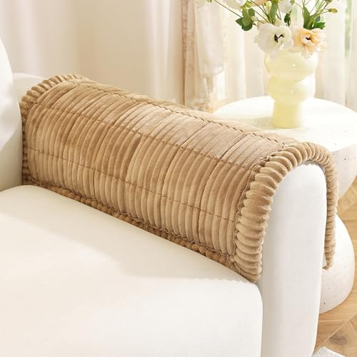 Royhom Couch Arm Covers, Fuzzy Arm Rest Covers for Sofa, Thick Chair Covers Armchair, Recliner Armrest Protectors for Pets, Dog Mat for Sofa Washable (Khaki, 20 x 24 Inch, 2 Pieces)