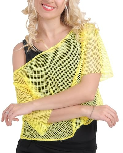 RuiChy Haut en Résille Néon pour Femmes, T-Shirts à Manches Courtes en Maille Déguisement Fluo Années 80 Thème Rétro Festival de Musique Carnaval Fête Disco Vetement Taille Unique (Jaune)