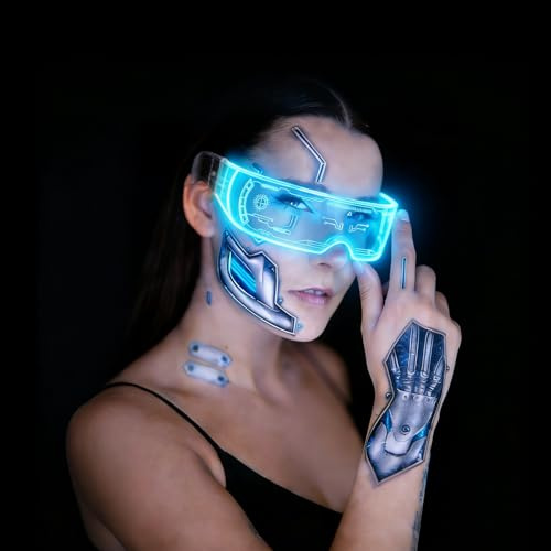 Dongcill Occhiali LED + 4 Tatuaggi Temporanei, Cyberpunk Occhiali Festa Discoteca Cyberpunk Luminosi Glasses Photobooth Prop per Halloween Rave Christmas Cosplay Regalo per Ragazza e Ragazzo